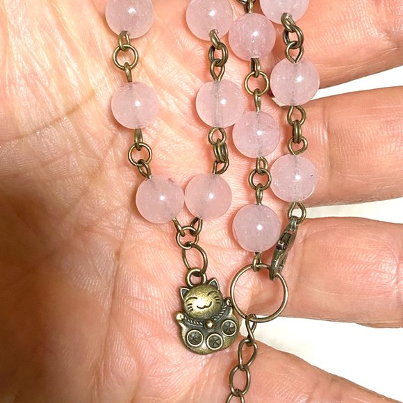 Natural Pink Rose Quartz Necklace, Bronze Fortune Cat + Genuine Gemstone Choker - Picture 14 of 14